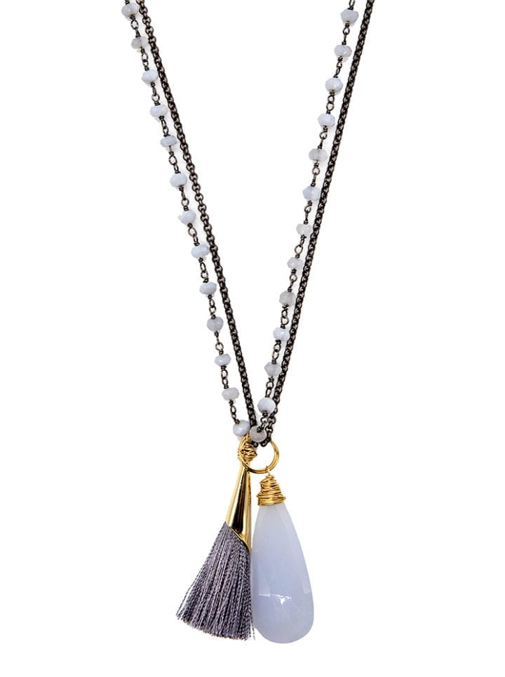 Blue Chalcedony & Silk Tassel Charm Necklace