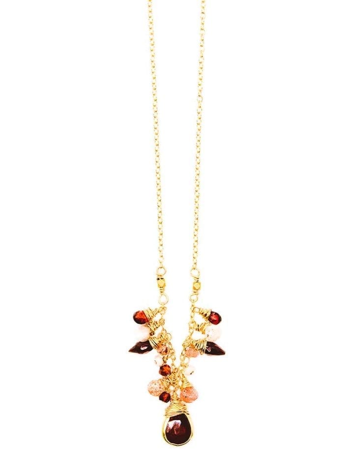 garnet strawberry quartz, silverite cluster u necklace