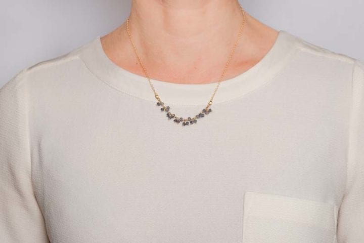iolite rondelle cluster necklace on model