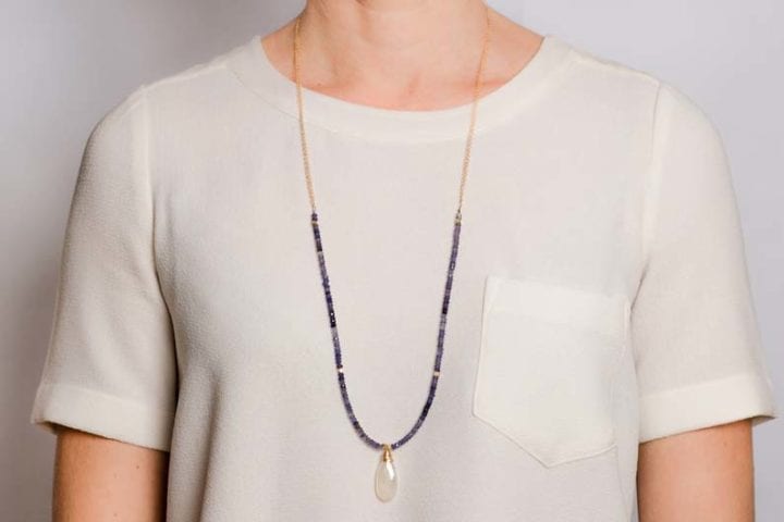 iolite and pearl chalcedony strung long necklace