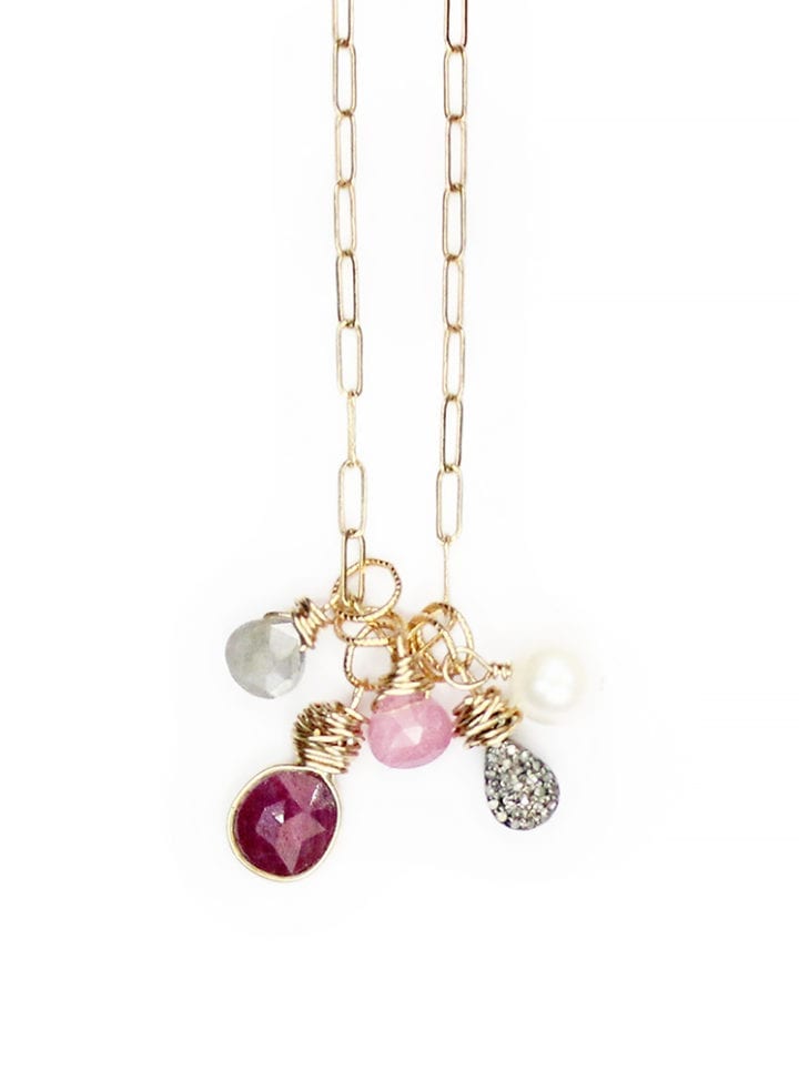 Pave Diamond Tear Ruby Pink tourmaline silverite pearl staple charm necklace