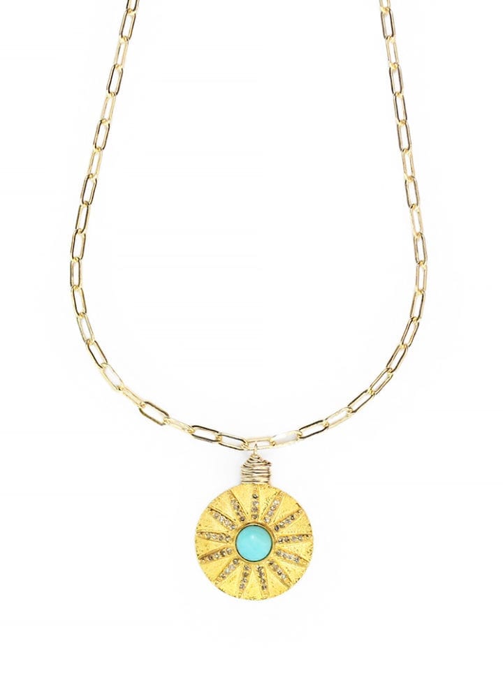 Turquoise Pave Diamond Brushed Coin Staple Necklace