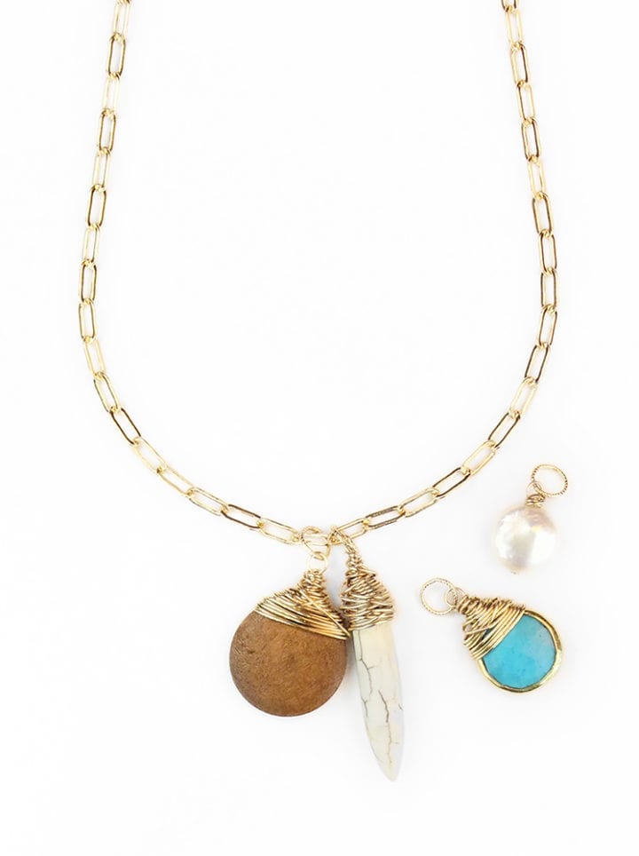 wood turquoise howlite pearl staple charm necklace