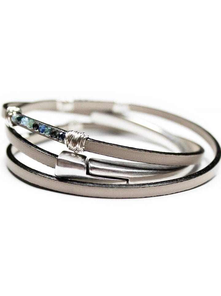 Sapphire Rondelle Thin Leather Triple Wrap Magnetic Clasp Bracelet