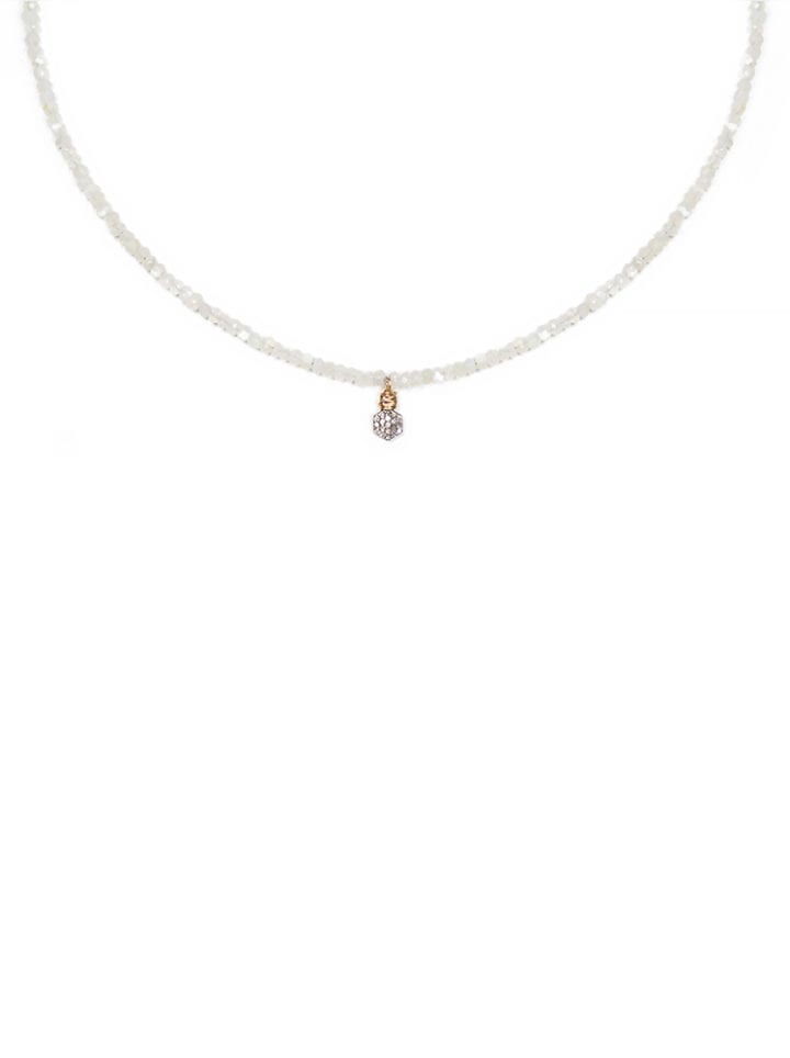 Pave Diamond Hexagon & White Moonstone Strung Choker Necklace