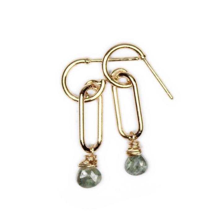 Moss Aquamarine Gold Paperclip Huggies. Bloom Jewelry handcrafted jewelry.