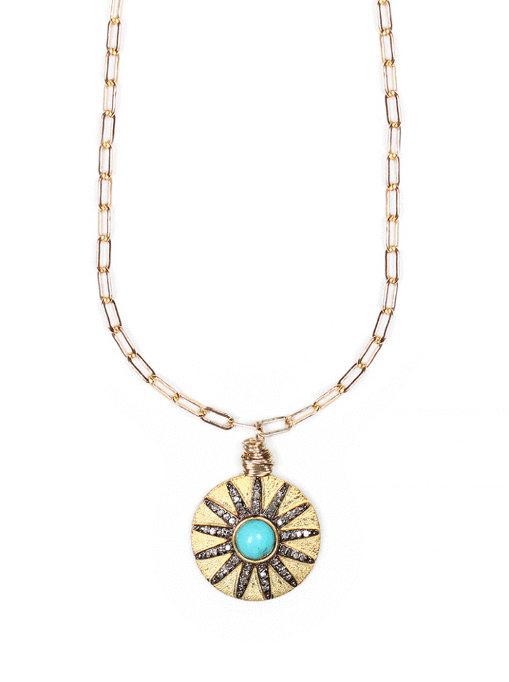 Blue Turquoise Pave Diamond Gold Oxidized Silver Paperclip Necklace Bloom Jewelry | Handcrafted diamond jewelry made in usa