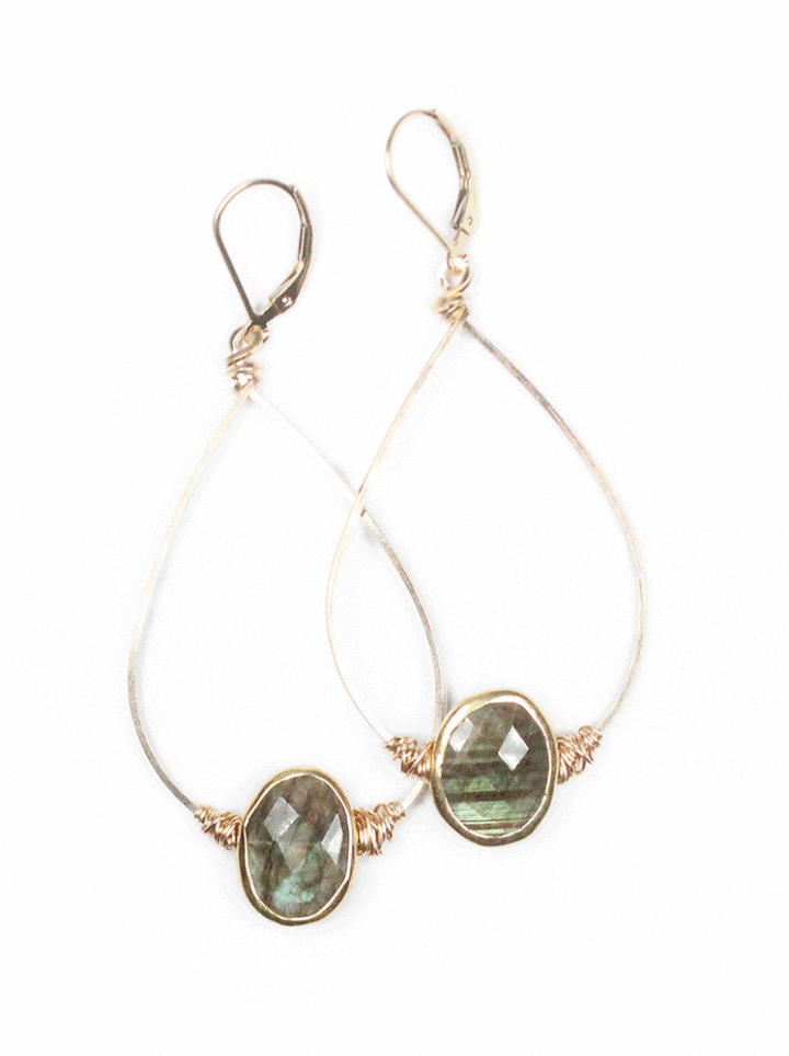 Labradorite Hand wrapped gold hoops | Bloom Jewelry made in Denver, CO.