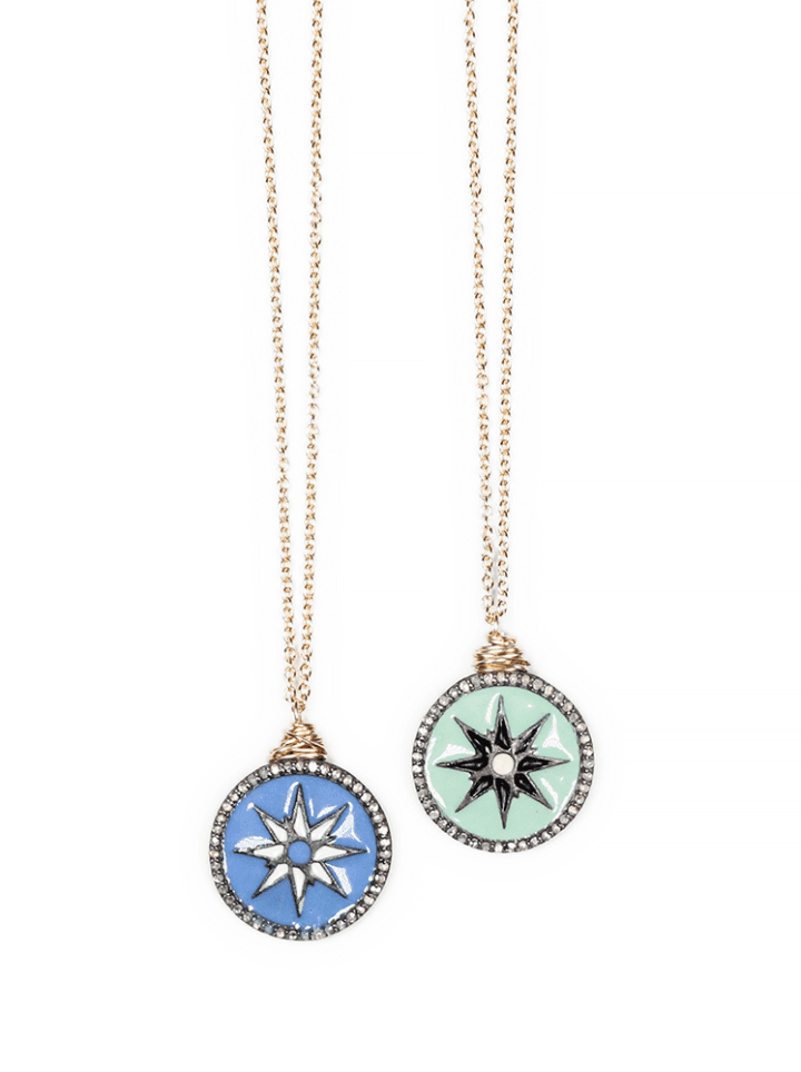 Enamel Compass Star Pave Diamond Halo Deli Necklace | Handcrafted in Denver, CO