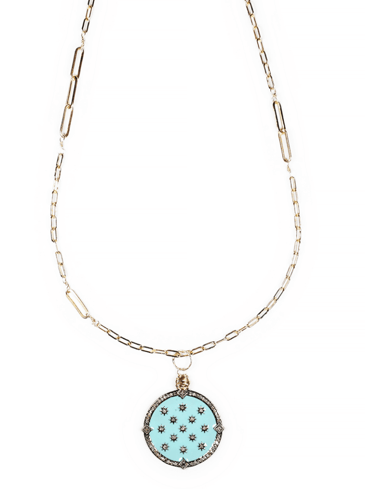 Turquoise Oxidized Silver Starry Night Diamond Gold Paperclip Duo Necklace Bloom Jewelry Made in Denver, CO.