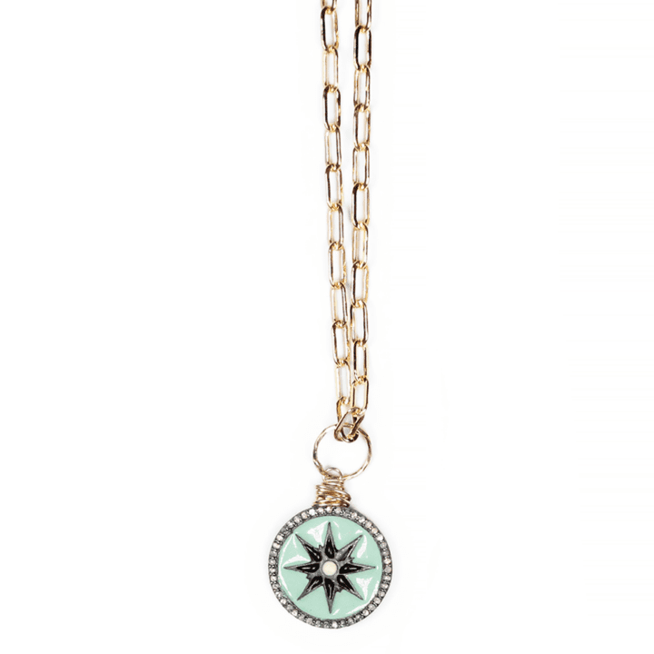 Turquoise Enamel Pave Diamond Coin Paperclip Necklace | Bloom Jewelry Handcrafted in Denver, CO