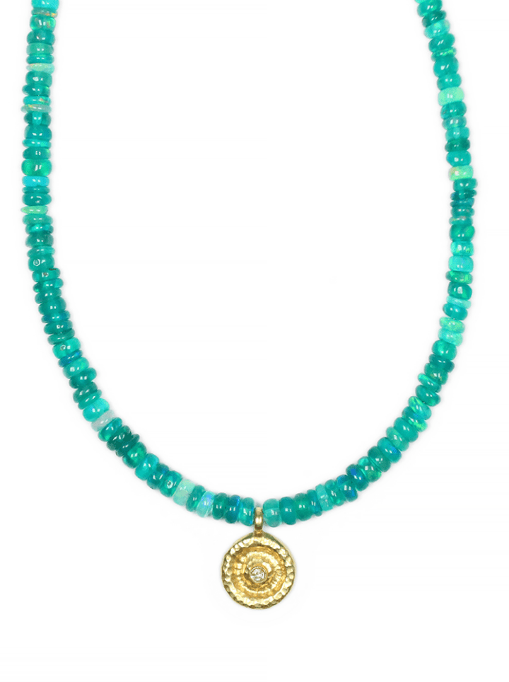 Green Opal Diamond Solitare Gold Disc Strung Choker | Handcrafted in Denver, CO Bloom Jewelry