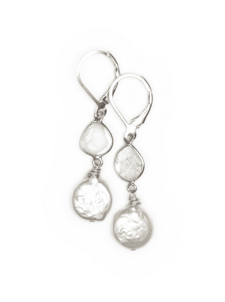 Pearl Diamond Slice Drop Earrings Silver